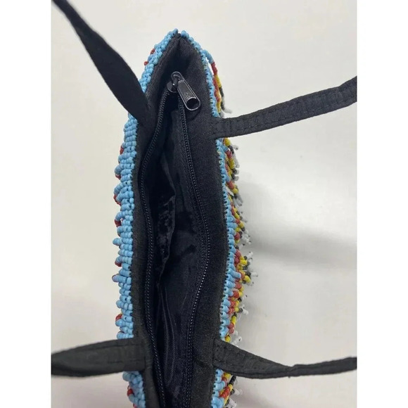 Vanessa Womens Black Fabric Purse With Bright Colored Beaded Fringe Around Rim - Picture 5 of 5